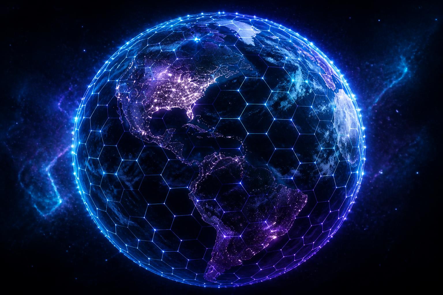 Earth wrapped in a glowing hexagonal grid
